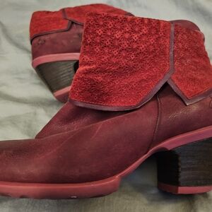 John Fluevog Red Suede Fold-Over Ankle Booties with Pink Sole Accents